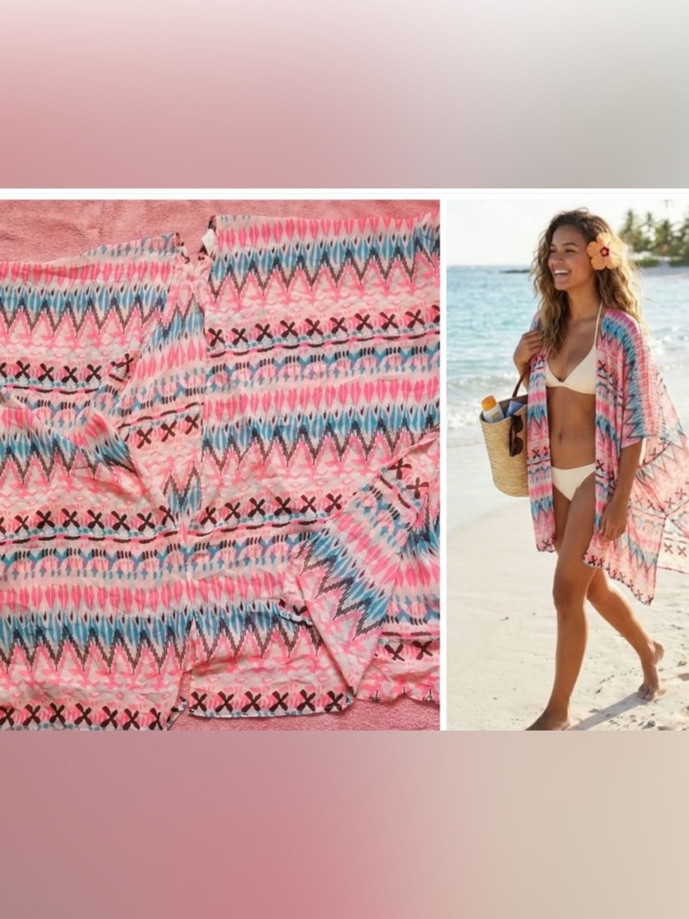OP Cover Up Sheer Geometric Womens XL Kimono Open Front Pink Blue Beach vacation